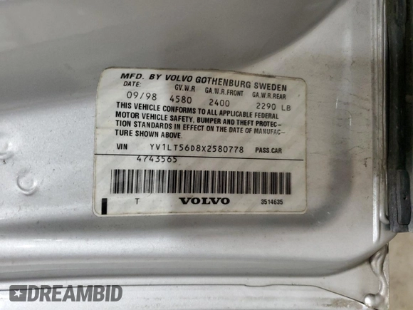1999 Volvo S70 z VIN YV1LT56D8X2580778, wystawiony jako Copart lot #69043594 z przebiegiem 166 718 mil mil oraz Szkoda całkowita • Salvage title. Historia ofert i sprzedaży dostępna na DreamBid. Obrazek 12.