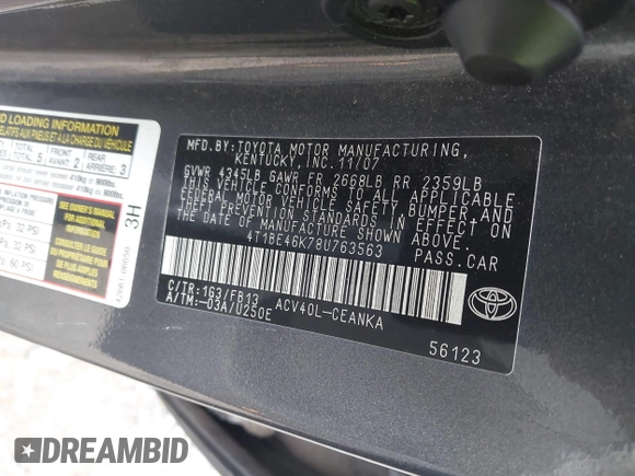 2008 Toyota Camry LE with VIN 4T1BE46K78U763563, listed as a IAAI auction lot 42209028 with 203,253 mi miles and . Bid and sale history available at DreamBid. Image 9.