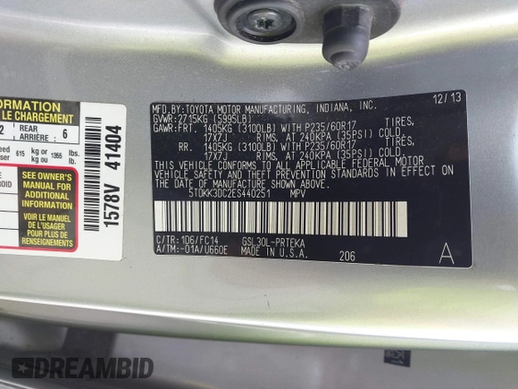 2014 Toyota Sienna LE AAS with VIN 5TDKK3DC2ES440251, listed as a IAAI auction lot 41803952 with 88,691 mi miles. Bid and sale history available at carsss.com. Image 9.