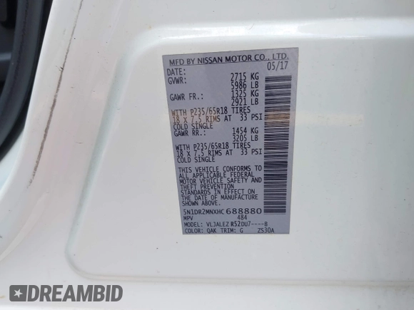 2017 Nissan Pathfinder S with VIN 5N1DR2MNXHC688880, listed as a IAAI auction lot 42362783 with 149,514 mi miles and . Bid and sale history available at DreamBid. Image 9.