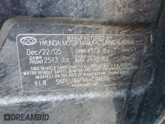 2006 Hyundai Sonata GLS with VIN 5NPEU46FX6H094610, listed as a Copart auction lot 46687865 with 252,934 mi miles and Salvage Title. Bid and sale history available at DreamBid. Image 12.