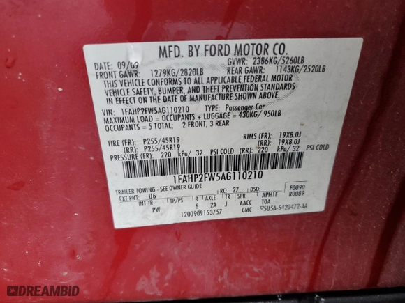 2010 Ford Taurus Limited with VIN 1FAHP2FW5AG110210, listed as a Copart auction lot 87391284 with 258090 miles and Salvage Title. Bid and sale history available at carsss.com. Image 12.
