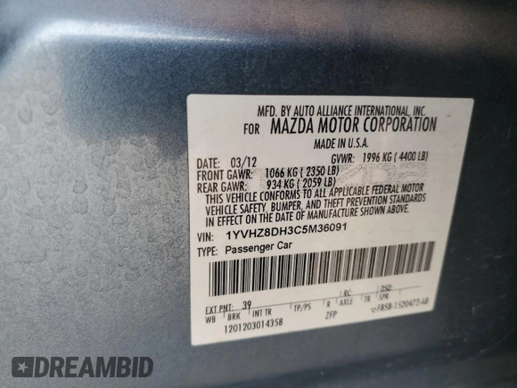 2012 Mazda 6 i Touring with VIN 1YVHZ8DH3C5M36091, listed as a Copart auction lot 53883465 with 153,897 mi miles and Salvage Title. Bid and sale history available at DreamBid. Image 13.
