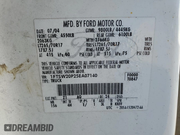2005 Ford F-250 XL with VIN 1FTSW20P25EA07140, listed as a Copart auction lot 44162225 with 199,922 mi miles and Clean Title. Bid and sale history available at DreamBid. Image 12.