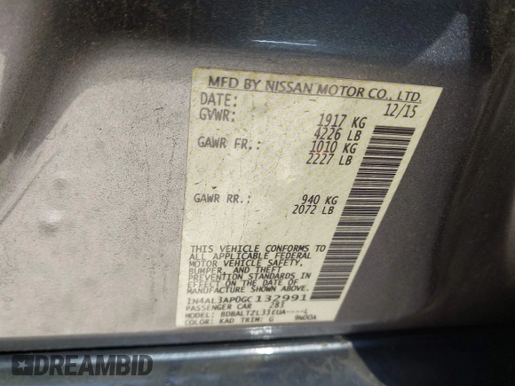 2016 Nissan Altima SR with VIN 1N4AL3AP0GC132991, listed as a IAAI auction lot 42058890 with 185,597 mi miles and . Bid and sale history available at carsss.com. Image 8.