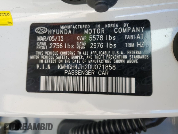 2013 Hyundai Equus Signature with VIN KMHGH4JH2DU071858, listed as a Copart auction lot 52321715 with 46,853 mi miles and Clean Title. Bid and sale history available at DreamBid. Image 12.
