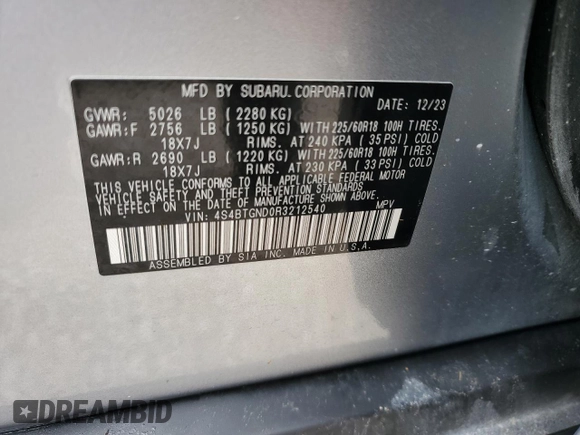 2024 Subaru Outback Limited XT z VIN 4S4BTGND0R3212540, wystawiony jako Copart lot #75065944 z przebiegiem 5 621 mil mil oraz Nie do naprawy • Non repairable. Historia ofert i sprzedaży dostępna na DreamBid. Obrazek 14.