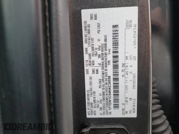 2019 Ford F-150 XL with VIN 1FTEW1C54KKC39558, listed as a Copart auction lot 46695815 with 146,507 mi miles and Salvage Title. Bid and sale history available at DreamBid. Image 14.