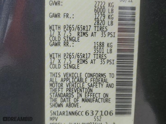 2012 Nissan Pathfinder LE with VIN 5N1AR1NN6CC637106, listed as a Copart auction lot 47928495 with 175,861 mi miles and Salvage Title. Bid and sale history available at carsss.com. Image 13.