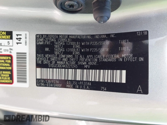 2019 Toyota Sienna LE with VIN 5TDJZ3DC4KS221245, listed as a IAAI auction lot 41455754 with 81,290 mi miles. Bid and sale history available at carsss.com. Image 9.