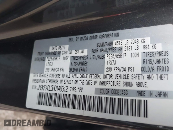 2017 Mazda CX-5 Touring with VIN JM3KFACL3H0148312, listed as a IAAI auction lot 41844634 with 68,534 mi miles and . Bid and sale history available at carsss.com. Image 9.