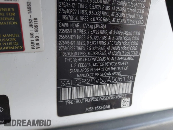 2018 Land Rover Range Rover with VIN SALGR2RV5JA506118, listed as a IAAI auction lot 42338770 with 71,653 mi miles and . Bid and sale history available at DreamBid. Image 9.