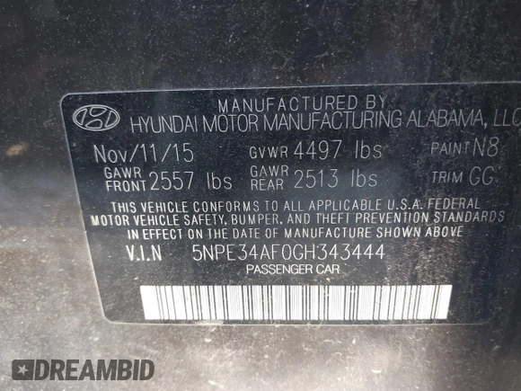 2016 Hyundai Sonata Sport with VIN 5NPE34AF0GH343444, listed as a IAAI auction lot 42034215 with 55,768 mi miles and . Bid and sale history available at DreamBid. Image 9.