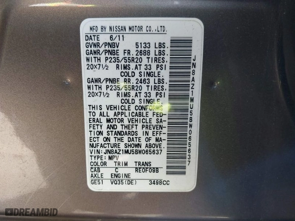 2011 Nissan Murano SL with VIN JN8AZ1MU5BW065637, listed as a IAAI auction lot 41991891 with 146,882 mi miles. Bid and sale history available at carsss.com. Image 9.