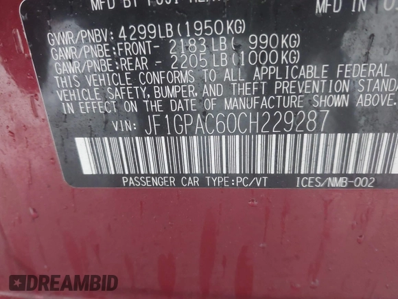 2012 Subaru Impreza Premium with VIN JF1GPAC60CH229287, listed as a IAAI auction lot 42209207 with 115,125 mi miles and . Bid and sale history available at DreamBid. Image 9.