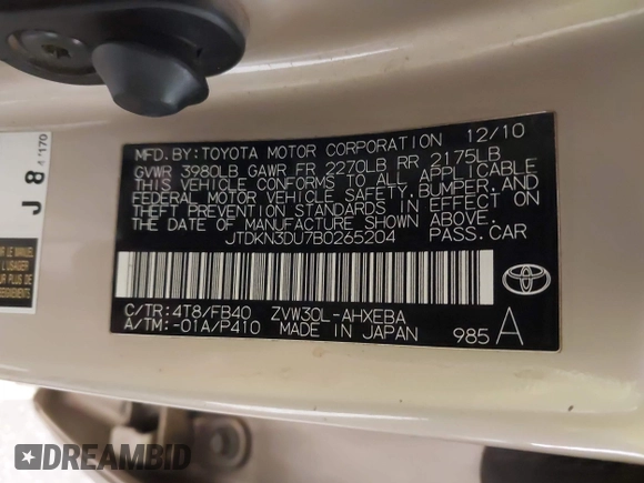 2011 Toyota Prius I with VIN JTDKN3DU7B0265204, listed as a IAAI auction lot 41991224 with 175,675 mi miles. Bid and sale history available at carsss.com. Image 9.
