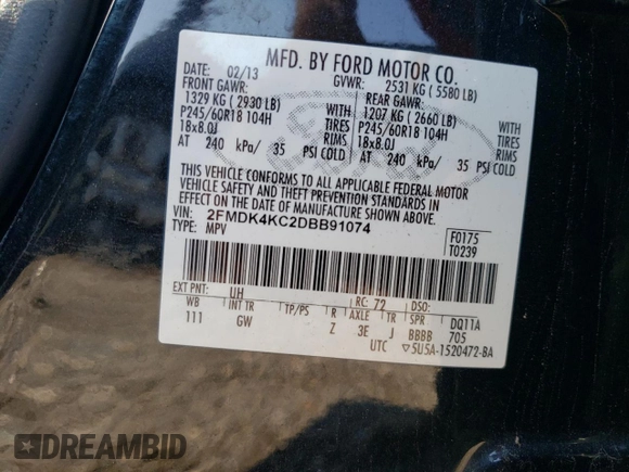 2013 Ford Edge Limited with VIN 2FMDK4KC2DBB91074, listed as a Copart auction lot 63145834 with 172,310 mi miles and Salvage Title. Bid and sale history available at carsss.com. Image 12.