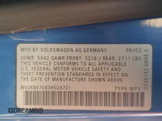 2003 Volkswagen EuroVan с VIN WV2KB470X3H028721, выставлен на аукционе Copart как лот 57531425 с пробегом 233 629 миль миль и Чистый • Clean title. История ставок и продаж доступна на DreamBid. Изображение 13.