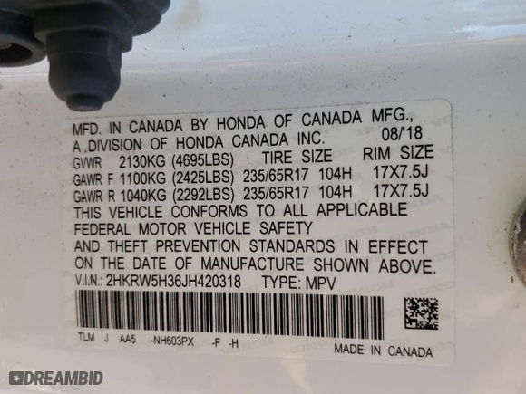 2018 Honda CR-V LX with VIN 2HKRW5H36JH420318, listed as a Copart auction lot 88335435 with 59,531 mi miles and Salvage Title. Bid and sale history available at carsss.com. Image 16.