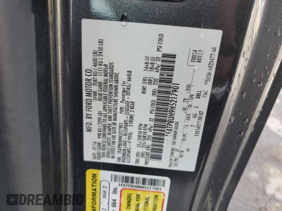 2017 Ford Mustang EcoBoost Premium with VIN 1FATP8UH9H5217901, listed as a Copart auction lot 58243235 with 94,489 mi miles and Salvage title. Bid and sale history available at DreamBid. Image 13.
