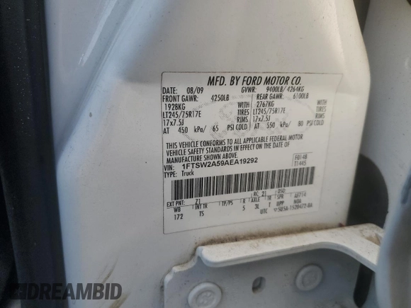 2010 Ford F-250 XL with VIN 1FTSW2A59AEA19292, listed as a Copart auction lot 68735244 with 106,646 mi miles and Salvage title. Bid and sale history available at DreamBid. Image 12.