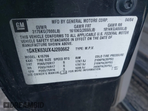 2004 GMC Yukon Denali z VIN 1GKEK63UX4J280662, wystawiony jako IAAI lot #40847473 z przebiegiem 95 677 mil mil oraz . Historia ofert i sprzedaży dostępna na DreamBid. Obrazek 9.