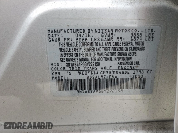 2016 Nissan Sentra SR with VIN 3N1AB7AP5GY272159, listed as a Copart auction lot 47594555 with 108,084 mi miles and Salvage Title. Bid and sale history available at DreamBid. Image 12.