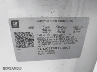 2020 Chevrolet Malibu LS with VIN 1G1ZC5ST0LF135072, listed as a IAAI auction lot 41578379 with 69,732 mi miles. Bid and sale history available at carsss.com. Image 9.