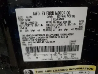2014 Ford F-150 SVT Raptor with VIN 1FTFW1R64EFA78534, listed as a Copart auction lot 76998684 with 84,206 mi miles and Clean Title. Bid and sale history available at carsss.com. Image 12.