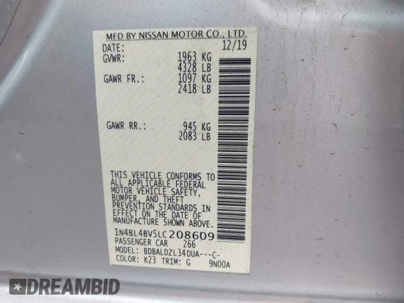 2020 Nissan Altima S z VIN 1N4BL4BV5LC208609, wystawiony jako IAAI lot #41894171 z przebiegiem 88 658 mil mil oraz . Historia ofert i sprzedaży dostępna na DreamBid. Obrazek 9.