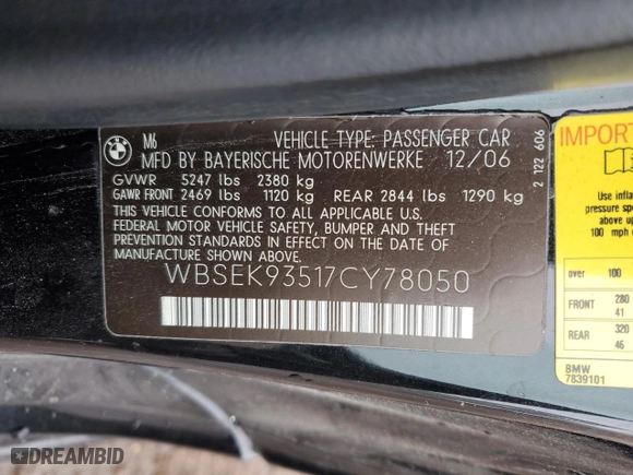 2007 BMW 6 Series M6 with VIN WBSEK93517CY78050, listed as a Copart auction lot 77891944 with 83,403 mi miles and Salvage Title. Bid and sale history available at carsss.com. Image 12.
