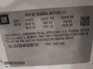 2014 Chevrolet Sonic LS with VIN 1G1JA6SG4E4208132, listed as a IAAI auction lot 38646142 with 154,013 mi miles and . Bid and sale history available at DreamBid. Image 9.