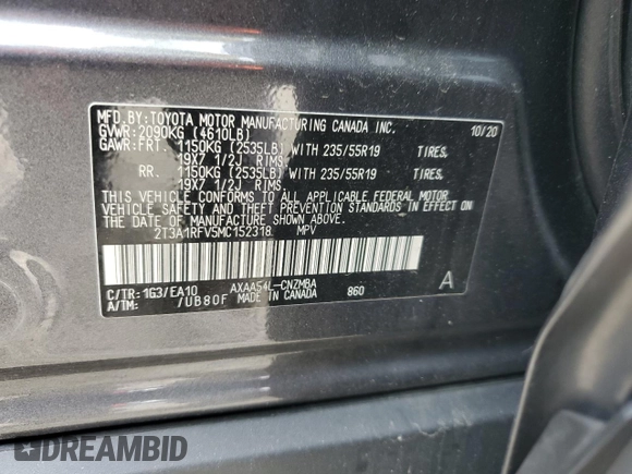 2021 Toyota RAV4 XLE Premium with VIN 2T3A1RFV5MC152318, listed as a Copart auction lot 62899735 with 41,376 mi miles and Salvage title. Bid and sale history available at DreamBid. Image 13.