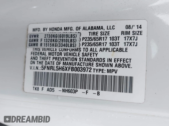 2015 Honda Odyssey EX-L with VIN 5FNRL5H6XFB003972, listed as a IAAI auction lot 41998663 with 171,554 mi miles and . Bid and sale history available at DreamBid. Image 9.