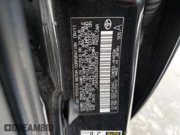 2011 Toyota Prius I with VIN JTDKN3DU2B5320872, listed as a Copart auction lot 80143054 with 181,635 mi miles and Salvage Title. Bid and sale history available at DreamBid. Image 12.