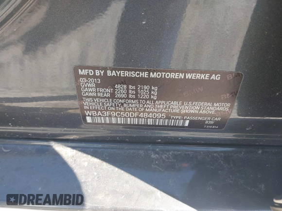 2013 BMW 3 Series ActiveHybrid 3 with VIN WBA3F9C50DF484095, listed as a IAAI auction lot 41780384 with 172,110 mi miles. Bid and sale history available at carsss.com. Image 9.