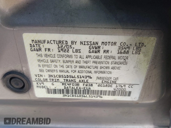 2006 Nissan Sentra S z VIN 3N1CB51D56L514396, wystawiony jako IAAI lot #41591034 z przebiegiem 350 322 mil mil oraz . Historia ofert i sprzedaży dostępna na DreamBid. Obrazek 9.