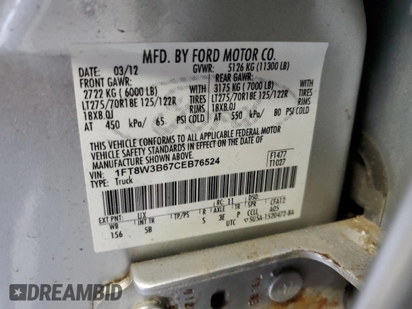 2012 Ford F-350 XL with VIN 1FT8W3B67CEB76524, listed as a Copart auction lot 76385634 with 85,925 mi miles and Clean title. Bid and sale history available at DreamBid. Image 12.