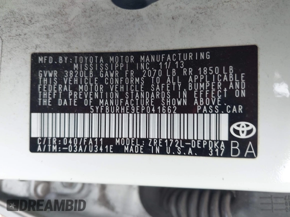 2014 Toyota Corolla L с VIN 5YFBURHE9EP041662, выставлен на аукционе IAAI как лот 42428537 с пробегом 198 017 миль миль и . История ставок и продаж доступна на DreamBid. Изображение 9.