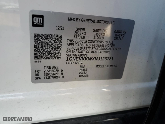 2022 Chevrolet Traverse Premier with VIN 1GNEVKKWXNJ126721, listed as a Copart auction lot 75941264 with 46,402 mi miles and Salvage Title. Bid and sale history available at carsss.com. Image 14.