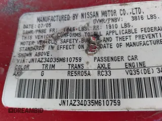 2005 Nissan 350Z Touring with VIN JN1AZ34D35M610759, listed as a IAAI auction lot 41757344 with 159,693 mi miles. Bid and sale history available at carsss.com. Image 9.