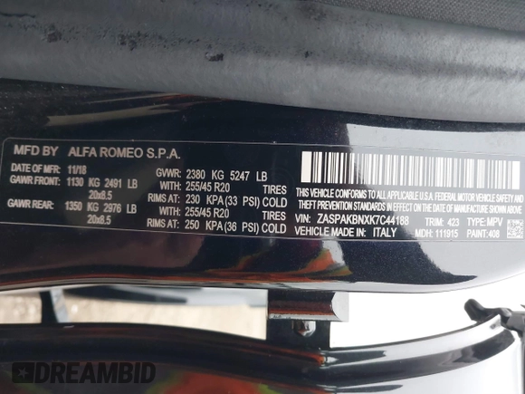 2019 Alfa Romeo Stelvio Ti z VIN ZASPAKBNXK7C44188, wystawiony jako IAAI lot #41320657 z przebiegiem 89 927 mil mil oraz . Historia ofert i sprzedaży dostępna na DreamBid. Obrazek 9.