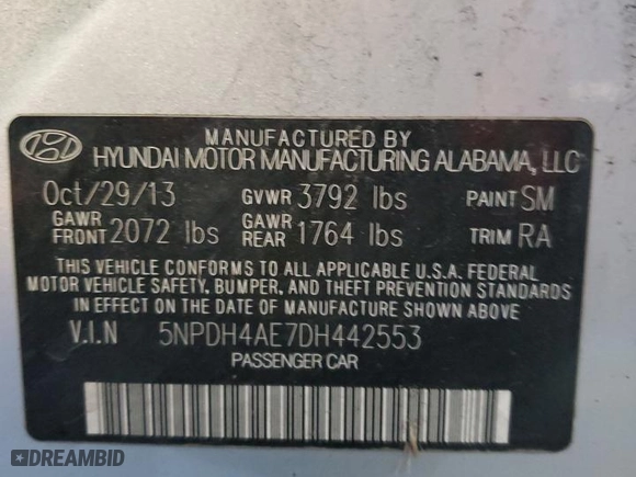 2013 Hyundai Elantra GLS PZEV with VIN 5NPDH4AE7DH442553, listed as a Copart auction lot 87418364 with 165,324 mi miles and Salvage Title. Bid and sale history available at carsss.com. Image 12.