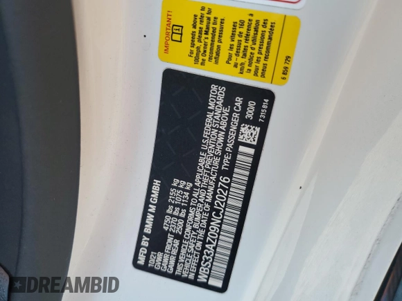 2022 BMW M4 Competition z VIN WBS33AZ09NCJ20276, wystawiony jako Copart lot #42850615 z przebiegiem Nie podano mil oraz Szkoda całkowita • Salvage title. Historia ofert i sprzedaży dostępna na DreamBid. Obrazek 14.
