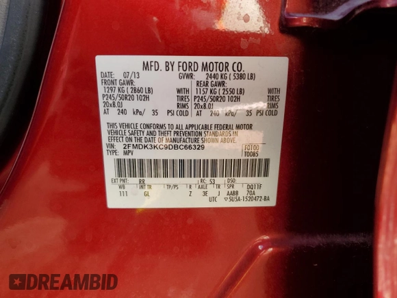 2013 Ford Edge Limited with VIN 2FMDK3KC9DBC66329, listed as a Copart auction lot 73643993 with 106,313 mi miles and Clean Title. Bid and sale history available at carsss.com. Image 12.