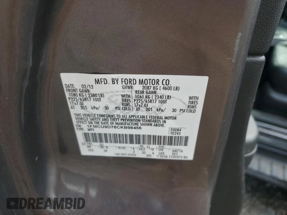 2012 Ford Escape XLT with VIN 1FMCU9D78CKB98456, listed as a Copart auction lot 65287465 with 163,378 mi miles and Clean title. Bid and sale history available at DreamBid. Image 13.