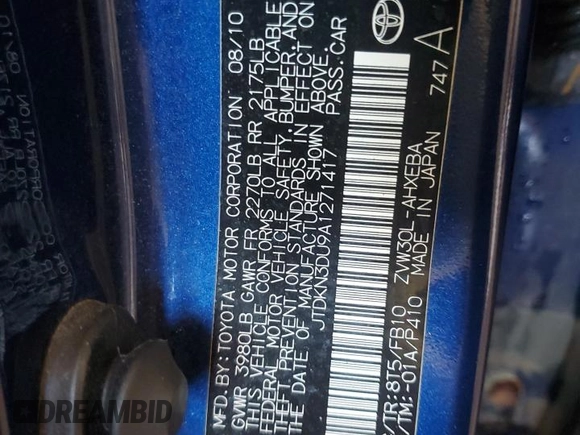 2010 Toyota Prius II with VIN JTDKN3DU9A1271417, listed as a Copart auction lot 55755875 with 208,614 mi miles and Non Repairable. Bid and sale history available at DreamBid. Image 12.