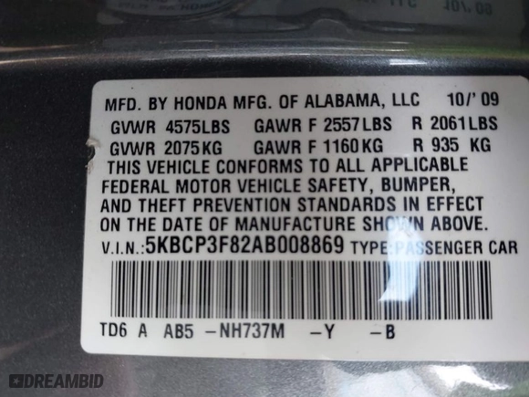 2010 Honda Accord Sdn EX-L with VIN 5KBCP3F82AB008869, listed as a IAAI auction lot 41527028 with 115907 miles. Bid and sale history available at carsss.com. Image 9.