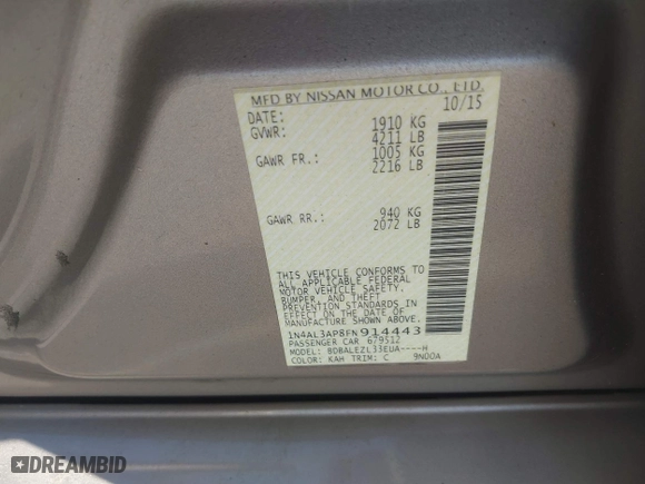2015 Nissan Altima 2.5 with VIN 1N4AL3AP8FN914443, listed as a IAAI auction lot 41129502 with 139,221 mi miles. Bid and sale history available at carsss.com. Image 9.