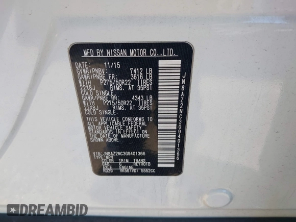 2016 Infiniti QX80 z VIN JN8AZ2NC3G9401366, wystawiony jako IAAI lot #41735277 z przebiegiem 99 570 mil mil oraz . Historia ofert i sprzedaży dostępna na DreamBid. Obrazek 9.